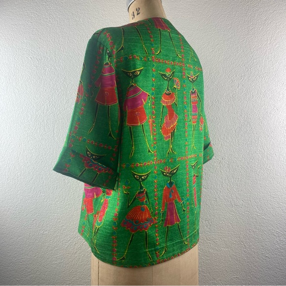 Vintage l 60s M Novelty Tribal Fashionista Kitty Black Cat Cuff Sleeve Blouse - Picture 5 of 16